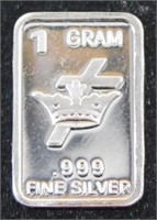 1 gram Silver Ingot - Crown & Cross, .999 Fine