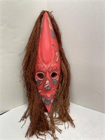 Red Carved Wooden Mask trimmed w/ Burlap