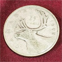 Silver 1945 Canada 25 Cent Coin