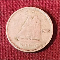 Silver 1945 Canada 10 Cent Coin