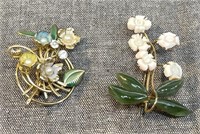 Two Vintage Pins -Carved Coral & Jade, etc