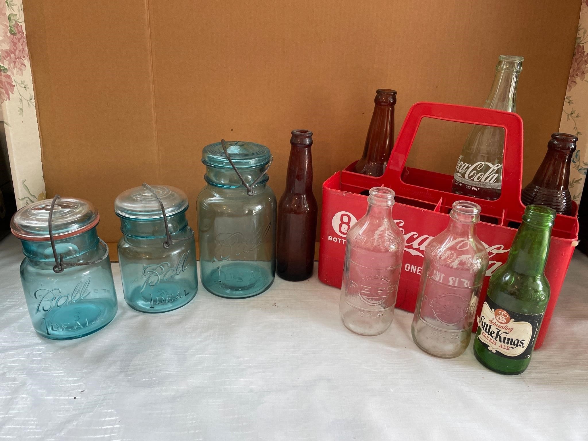 Antique Ball mason jar and Pepsi bottle/ coke crat