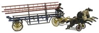 LARGE CAST IRON THREE HORSE FIRE LADDER WAGON TOY