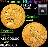*Highlight* 1911-d Indian $5 Graded BU+
