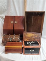 Jewelry Box, 4- Wooden Boxes, 1-Alpha Tin
