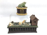 Doghouse & Frog on Base Cast Iron Mechanical Banks