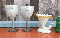Glass goblets & milk glass horn