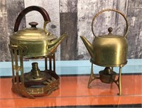 Vtg. tipping tea brass kettle & kettle on stand