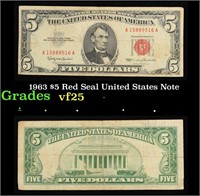 1963 $5 Red Seal United States Note Grades vf+