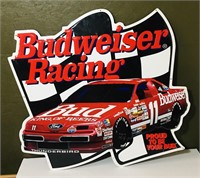 Metal Budweiser Racing sign. 30x34 inch.