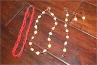 Red/Orange and Green stone &bead jewelry set