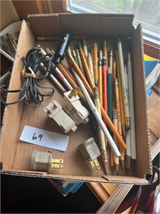 Box of miscellaneous pencils, and plugs