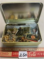 FAIR SIZE LOT OF PINS  AND COLLECTIBLE IN TIN