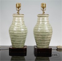 Pair of Tall Celadon Pottery Asian Lamps