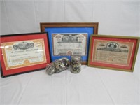 3 STOCK CERTIFICATES & 2 JARS OF BUTTONS: