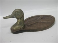 Vtg Brass Head Duck Wood Coin Tray