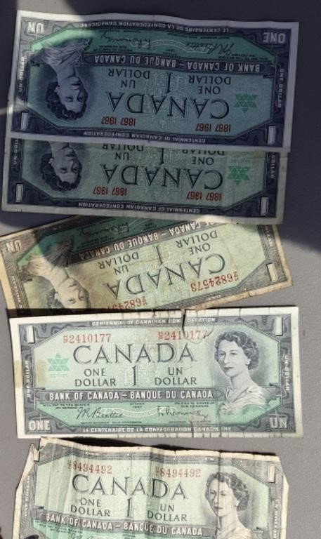 2 Canadian 1967 1 Dollar Bills & 3 1953 Bills