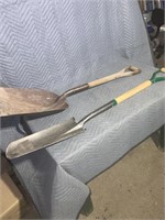 Long nose spade and a steel scoop shovel