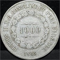 1863 Brazil 1000 Reis Silver Coin, Nice