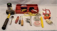 Metal tool tray, tools, tape, dock cleat, wall