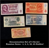 Denomination Set of 5 Soviet Russian Notes - 1, 3,