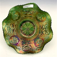 Fenton Green Dragon & Lotus Ruffled Bowl