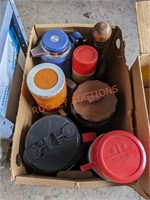 Vintage thermos and decanter box lot