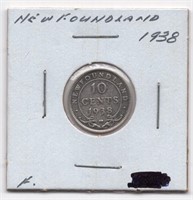 1938 Newfoundland 10 Cent Silver Coin
