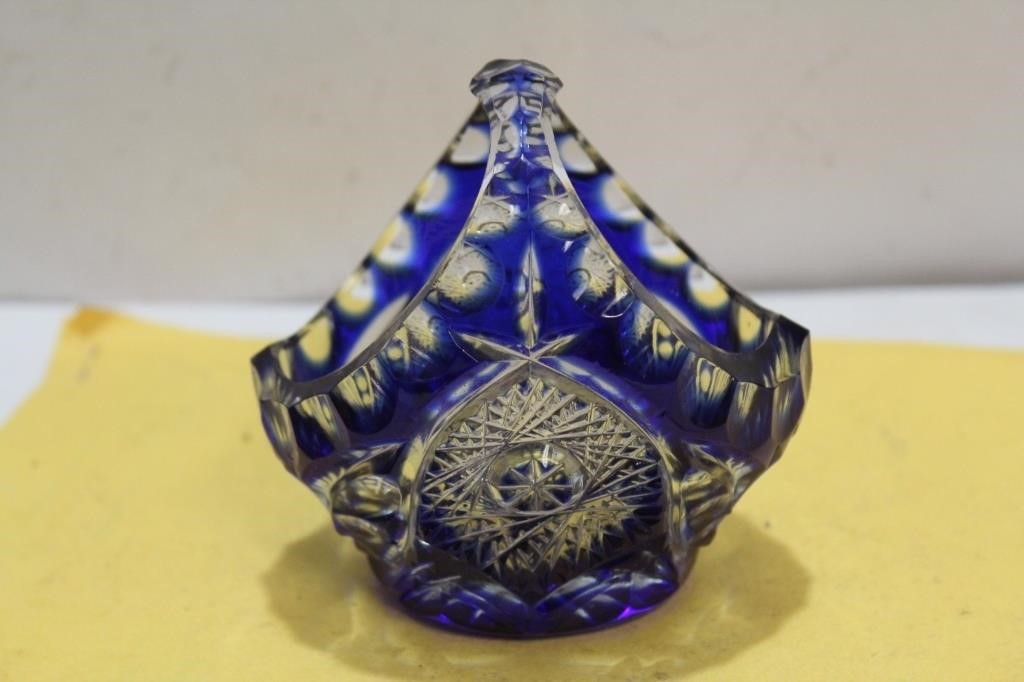 A Cobalt Blue Cut Glass Basket