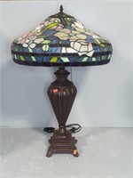 ELECTRIC LAMP W/ PLASTIC "STAINED GLASS" SHADE.