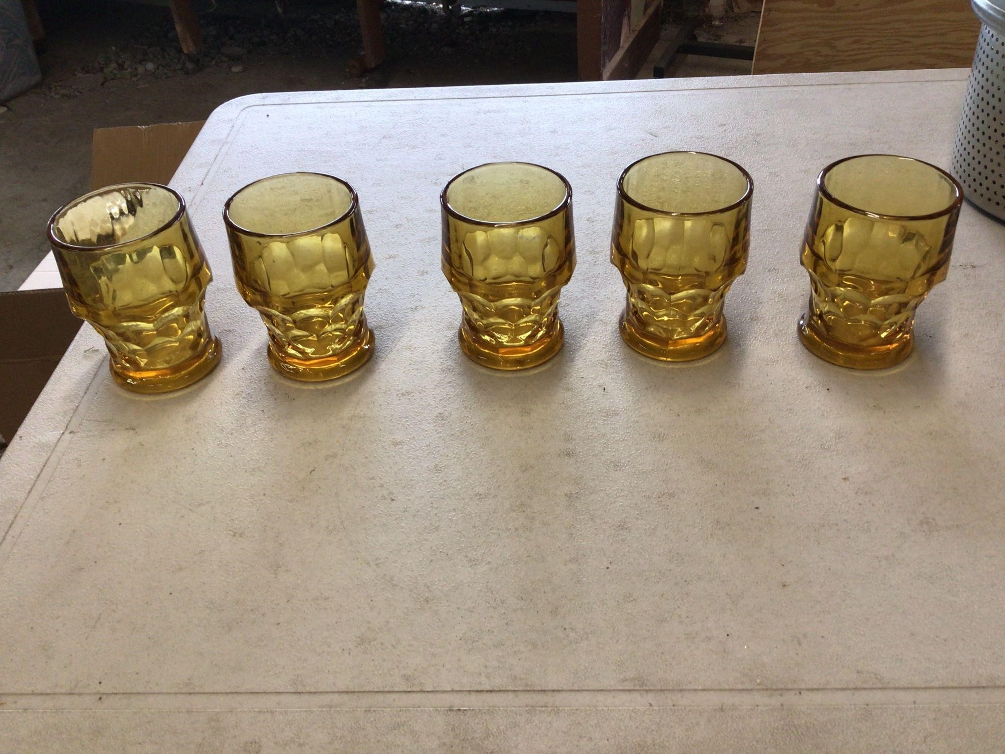 5 VINTAGE AMBER DRINKING GLASSES