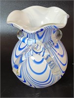 Murano Style Art Glass Vase Blue & White Swirl w/