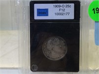 Cased and Graded 1909-O Barber Silver Quarter