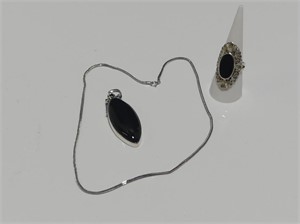 STERLING NECKLACE /BLACK ONYX PENDANT, RING