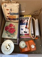 Box of Sewing Items & Light Fixture