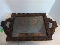 Wooden carved tray with glass top 14x24