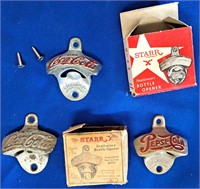 3 VINTAGE CAST METAL BOTTLE OPENERS COKE & PEPSI