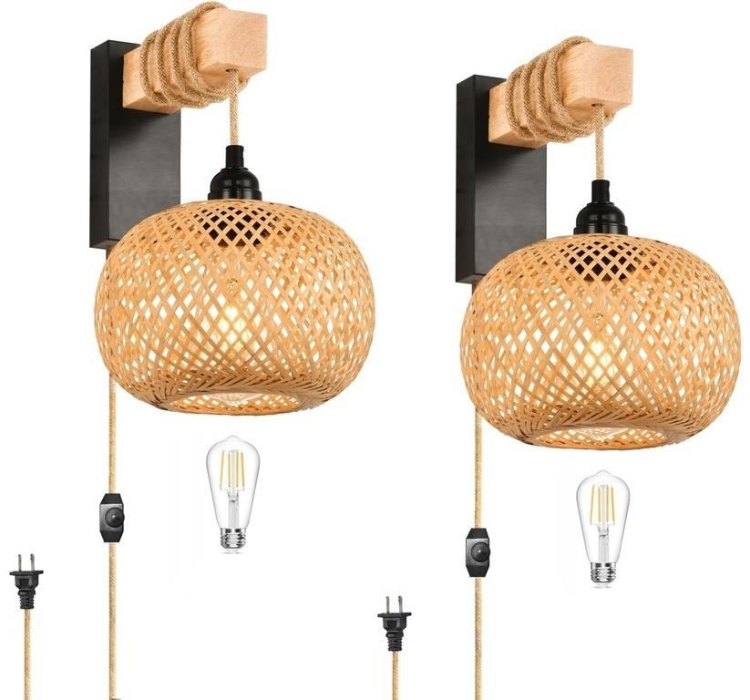 ZECOXOL Rattan Wall Sconces Set of Two Plug in,Far