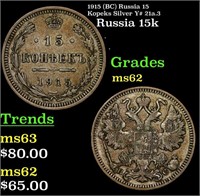 1915 (BC) Russia 15 Kopeks Silver Y# 21a.3 Grades