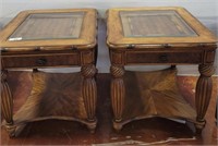 PAIR RATTAN BEVELED GLASS TOP END TABLES