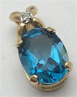 14k Gold, Diamond & Blue Stone Pendant