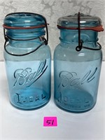 Vtg Aqua Quart Ball Ideal Wire Bale Jars