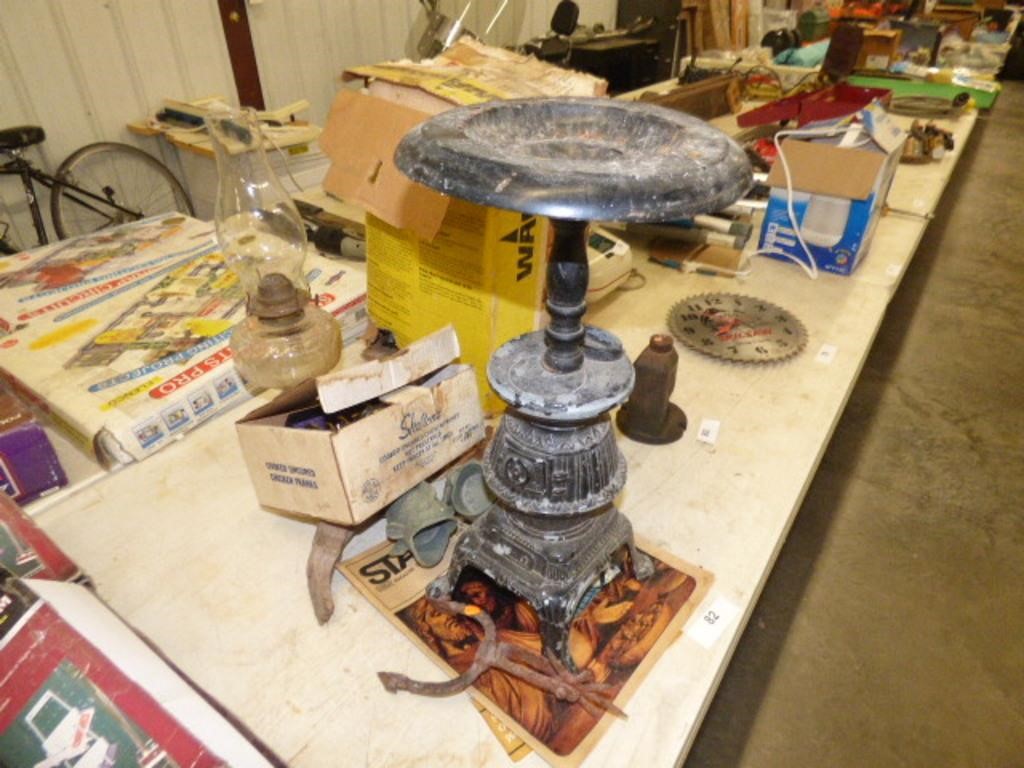 AHS TRAY STOVE, OIL LAMP, OLD SEWING MACHINE PARTS