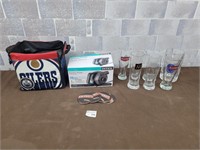 Electric air pump, beer glasses, Oilers cooler