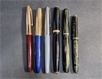 GROUPING OF 6 FOUNTAIN PENS WITH PARKER, 14K GOLD