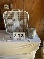 Lasko box fan and vintage aluminum ice bucket