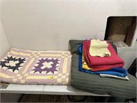 Homemade quilt, blankets, towels, misc