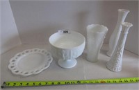 Vintage Milk Glass Vases, Plate, Compote Dish