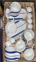 18 PC JAPANESE POTTERY DISH SET, BLUE/RED STRIPE