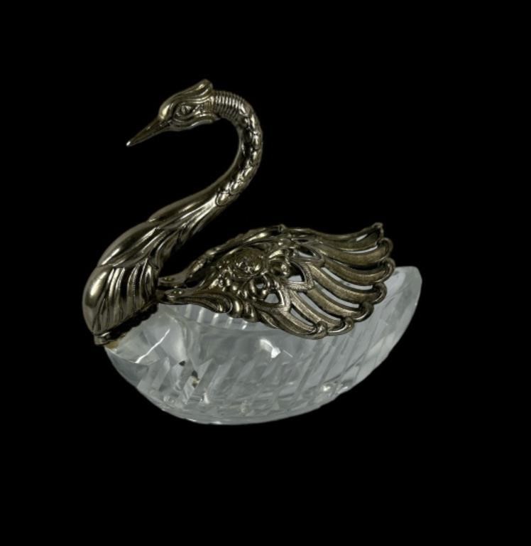 Crystal & Silverplate Swan Dish, Wings Expand